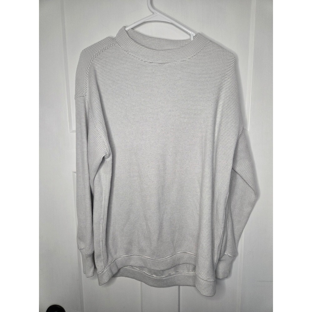 Aerie Waffle Knit Striped Crewneck Sweatshirt Grey‎ White XXS Oversized Pullover